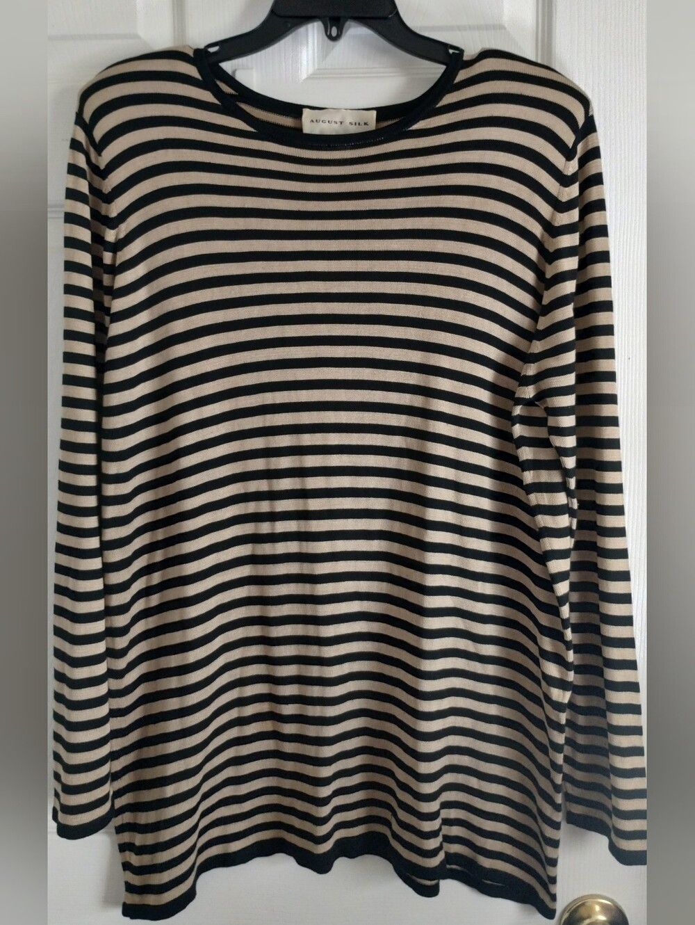 Plus Size Vintage August Silk Black/Tan 100% Silk Striped Long Sleeve Top